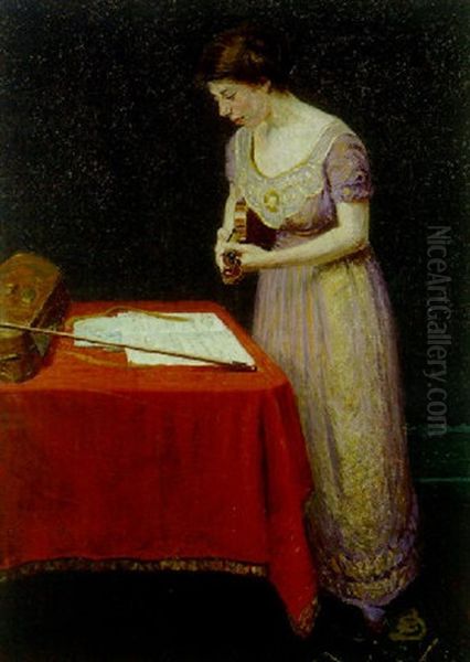 Portraet Af Ulla Koppel, Staende Ved Et Bord I Faerd Med At Stemme En Violin, Pa Bordet Liggende En Violinkasse Og Bue Samt Noder Oil Painting by Max Nathan