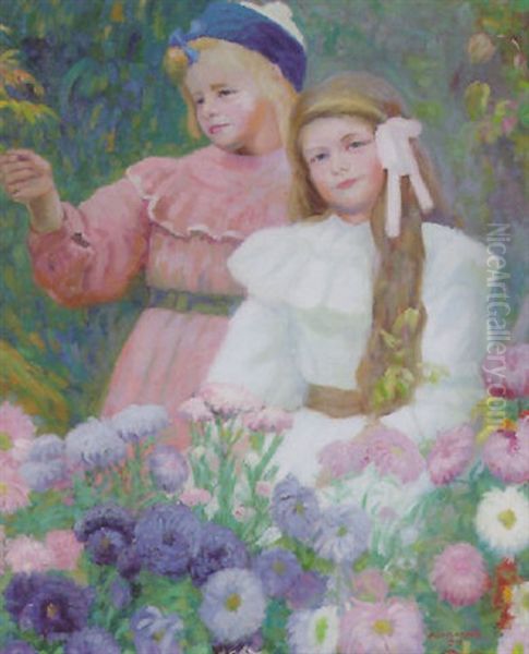 Young Girls In A Summer Garden Oil Painting by Max Nathan