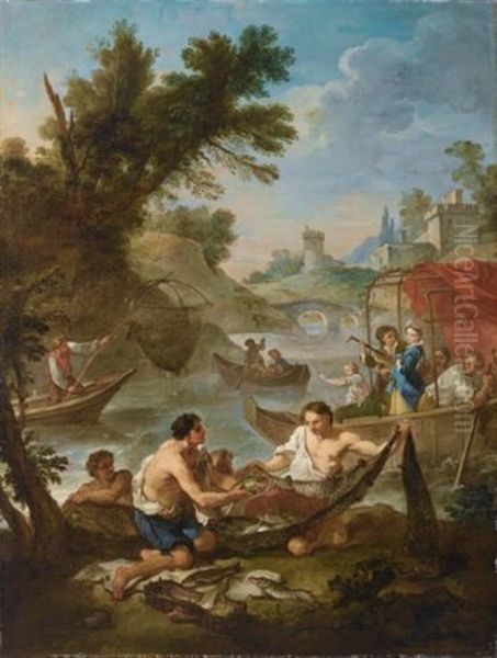 Characters Resting Near A Fountain The Fishing (pair) Oil Painting by Charles Joseph Natoire