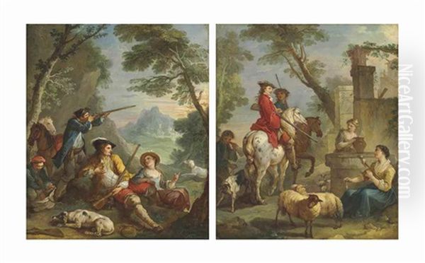 A Hunter And A Young Lady Resting In A Landscape (+ Hunters On Horseback Conversing With A Shepherdess Spinning Wool And A Young Woman At A Well; Pair) by Charles Joseph Natoire