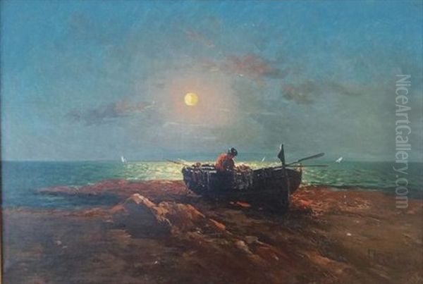 Pecheur Au Clair De Lune Oil Painting by Louis Nattero