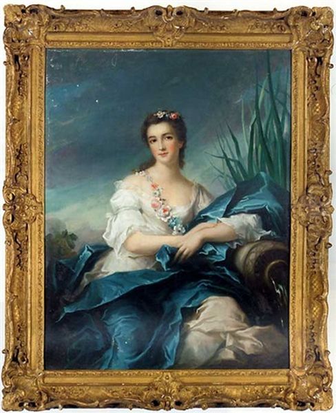 Portrait Of A Lady, As A River Goddess, In A White Satin Dress And Blue Mantel, A Garland Of Flowers Over Her Shoulder Oil Painting by Jean Baptiste Nattier