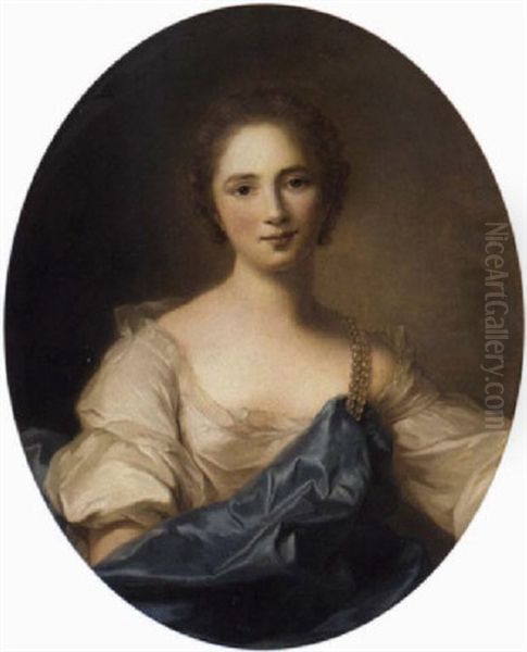 Portrait Of A Lady In A White Dress And A Blue Mantle Oil Painting by Jean Baptiste Nattier