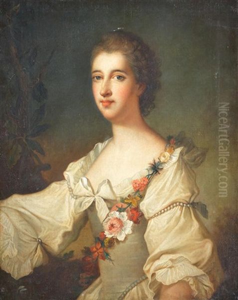 Portrait Of Louise-henriette-gabrielle De Lorraine, Duchess Of Bouillon, Half-length, In A White Dress With A Flower Garland Oil Painting by Jean Marc Nattier