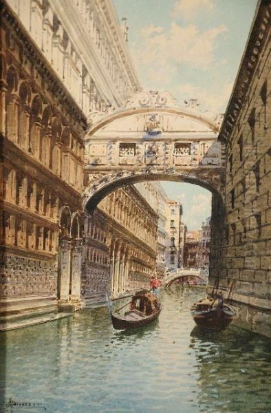 Venetian Canal Oil Painting by H. Biondetti