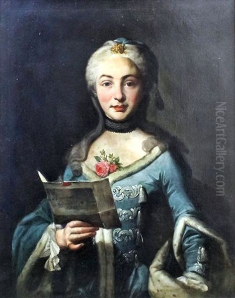 Half Length Portrait Of A Young Woman Wearing Ermine Trimmed Blue Silk Dress And Holding A Letter In Her Right Hand Oil Painting by Jean Marc Nattier