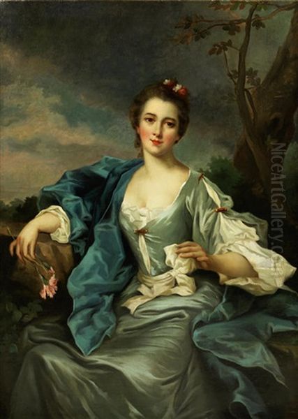 Portrait Of A Lady, Three-quarter Length, In A Light Blue Dress And Dark Blue Shawl, Holding A Carnation, In A Landscape 125cm X 95cm Oil Painting by Jean Marc Nattier