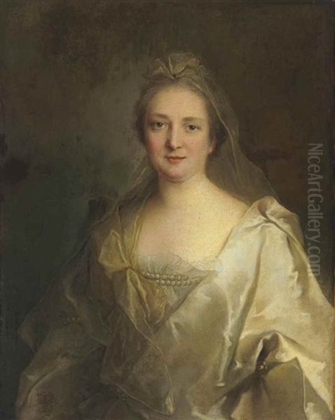 Portrait Of A Lady, Three-quarter Length, In A White Dress And Pearls Oil Painting by Jean Marc Nattier