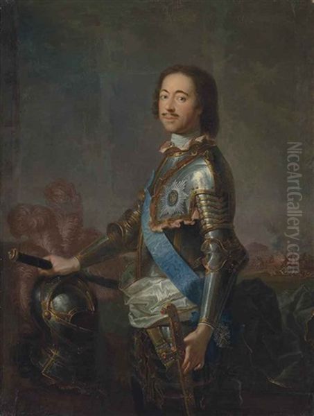 Portrait Of Peter The Great (1672-1725), Three-quarter-length, In Armour, His Right Hand Holding A Baton And Resting On A Helmet, His Left Hand Resting On The Hilt Of A Sword Oil Painting by Jean Marc Nattier