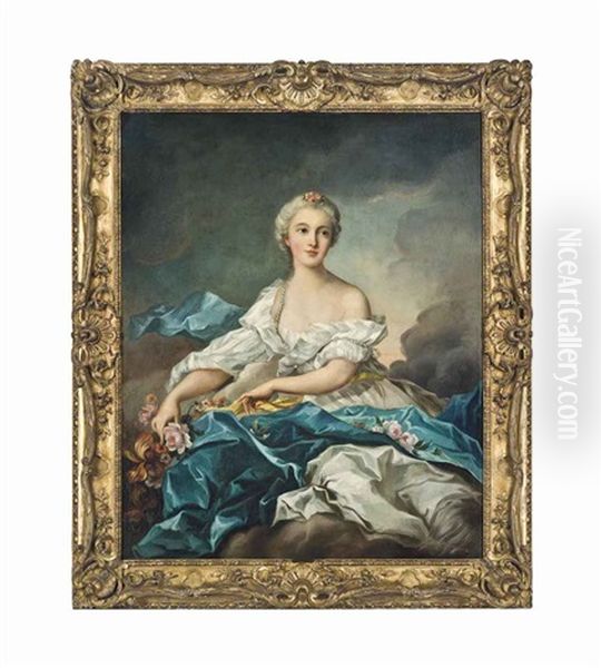 Portrait Of A Lady, Three-quarter-length, As Flora, In A White Dress With A Blue Wrap, A Landscape Beyond Oil Painting by Jean Marc Nattier