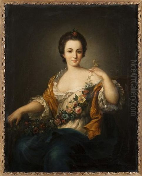 Portrait De Femme Aux Fleurs Oil Painting by Jean Marc Nattier