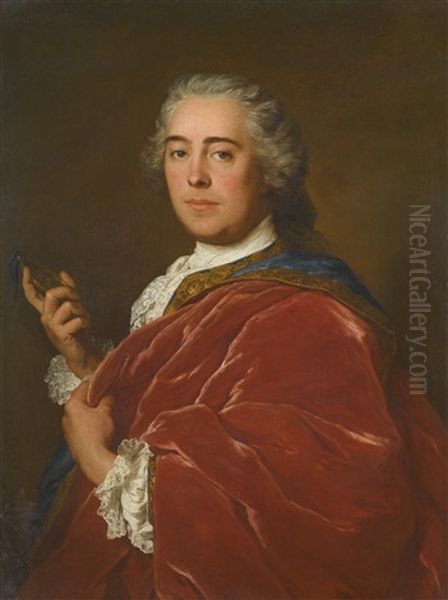 Portrait Of A Gentleman, Wearing A Red Cloak And Holding A Miniature Oil Painting by Jean Marc Nattier