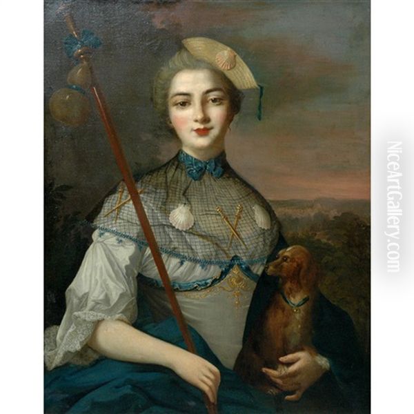 Portrait Of A Noble Lady As A Pilgrim To Santiago De Compostela With Her Dog Oil Painting by Jean Marc Nattier