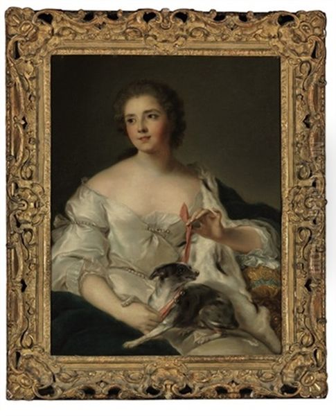 Portrait Of Henriette Nicole, Duchesse De Luynes, With Her Dog Oil Painting by Jean Marc Nattier