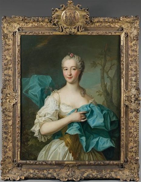 Portrait De Femme Dans Un Grand Drape Bleu Sur Fond De Paysage Oil Painting by Jean Marc Nattier