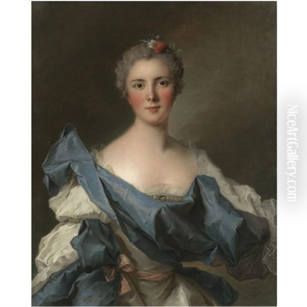 Portrait Of The Comtesse D'andlau, A White Dress With A Blue Shawl Oil Painting by Jean Marc Nattier