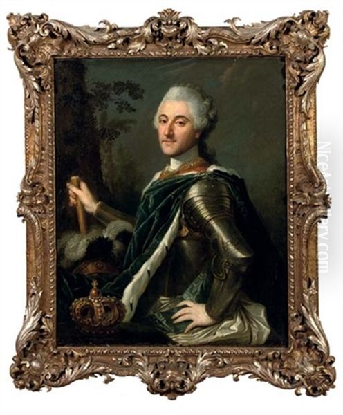 Portrait Of King Stanislas August Ii Poniatowski In Armour, His Crown Nearby Oil Painting by Jean Marc Nattier