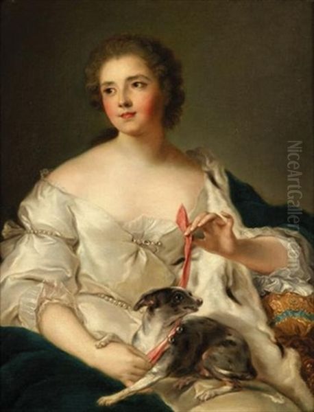 Young Lady Tying A Ribbon Around Her Dog Oil Painting by Jean Marc Nattier