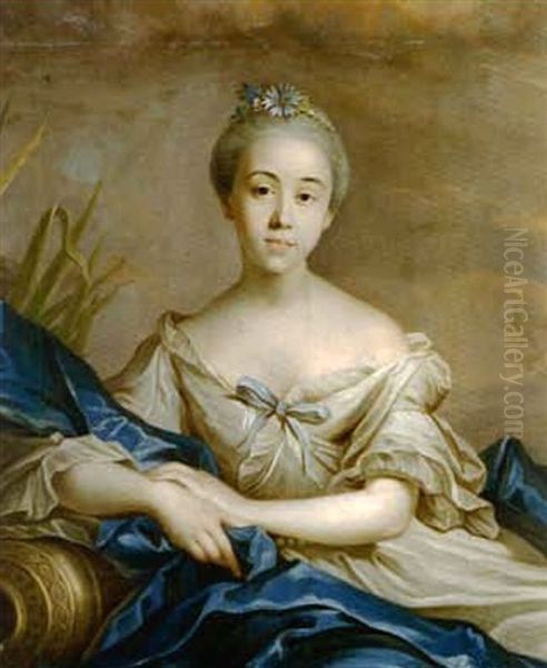 Portrait De Femme De Qualite En Source Avec Des Fleurs Et Des Perles Dans Ses Cheveux Oil Painting by Jean Marc Nattier