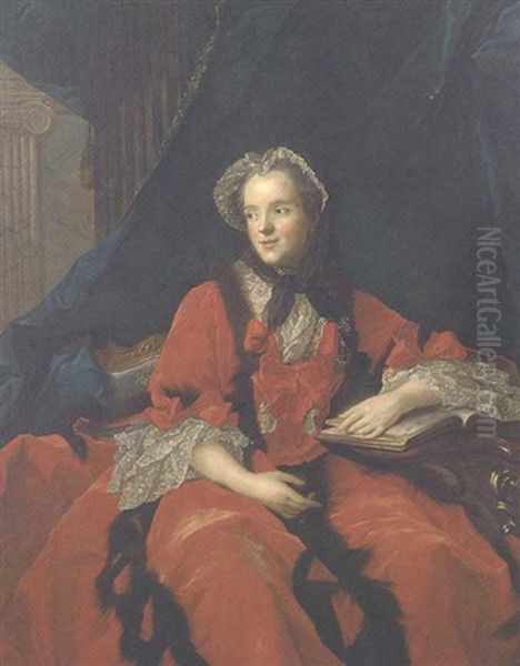 Portrait Of Marie Leczinska, Queen Of France, Seated, Three-quarter Length, In A Red Fur-trimmed Dress In A Palatial Interior Oil Painting by Jean Marc Nattier