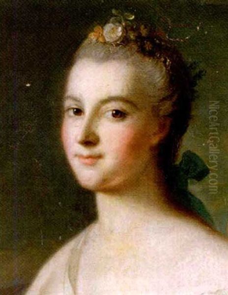 Portrait Of A Lady With Flowers And A Blue Ribbon In Her Hair Oil Painting by Jean Marc Nattier