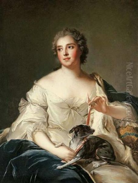 Portrait Of A Lady (la Duchesse De Chevreuse?) In A White Dress Holding A Pink Dog Collar And With A Small Grey Dog On Her Lap Oil Painting by Jean Marc Nattier