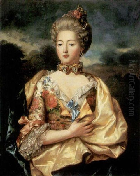 A Portrait Of A Lady In An Elaborate Silk Brocade Dress Oil Painting by Jean Marc Nattier