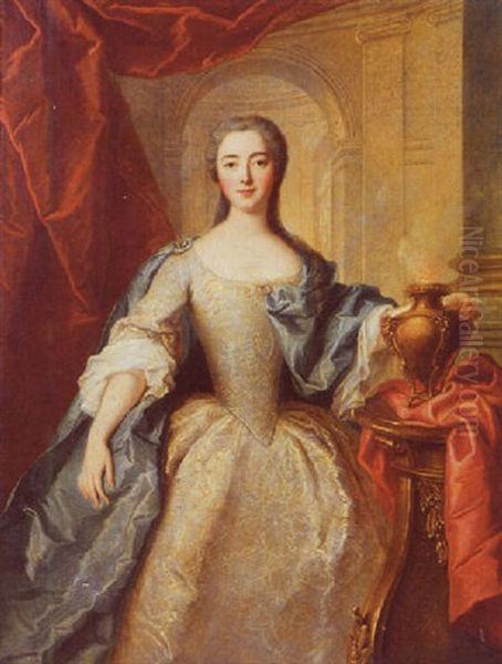 Portrait Of A Lady (princess Charlotte-louise De Rohan-guemenee?) As A Vestal Virgin, Standing By A Draped Column, Wearing A Gold-embroidered White Silk Dress With Blue Wrap Oil Painting by Jean Marc Nattier