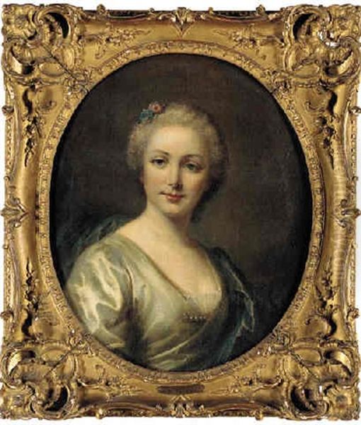 Portrait Of A Lady (antoinette Rioult D'quilly?) In A White Dress, With Flowers In Her Hair Oil Painting by Jean Marc Nattier