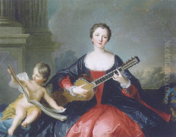 Portrait Of A Lady (mademoiselle De Beaujolais?), Playing A Guitar Oil Painting by Jean Marc Nattier