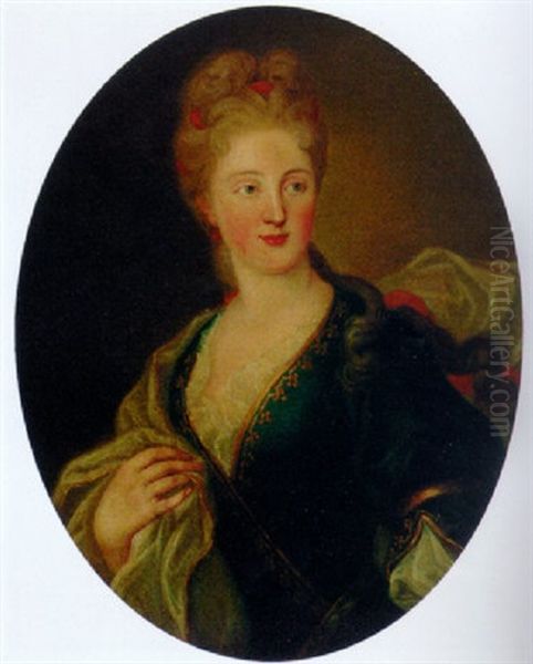 Portrait Of A Lady In A Blue Dress With A Pink Wrap Oil Painting by Jean Marc Nattier