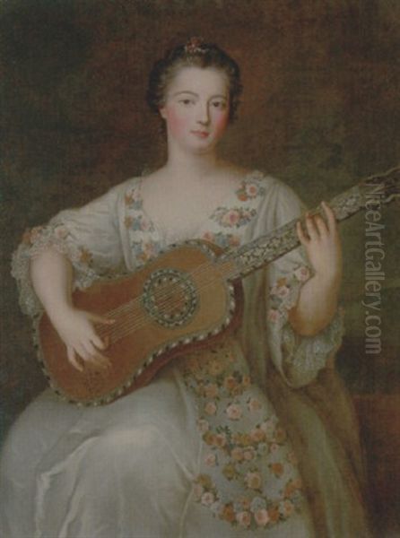 Portrait Of A Young Lady Wearing A Floral And Ivory Lace-trimmed Dress, Playing The Guitar Oil Painting by Jean Marc Nattier