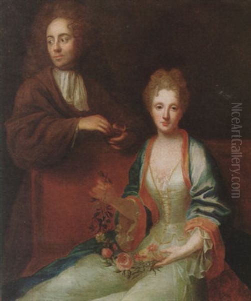 Portrait Of A Husband And Wife, He Holding A Snuff Box, She A Garland Of Flowers Oil Painting by Jean Marc Nattier