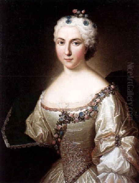 Portrait Of A Lady, Wearing A White Satin Dress, With A Garland Of Flowers, And A Blue, Lace-trimmed Mantle Oil Painting by Jean Marc Nattier