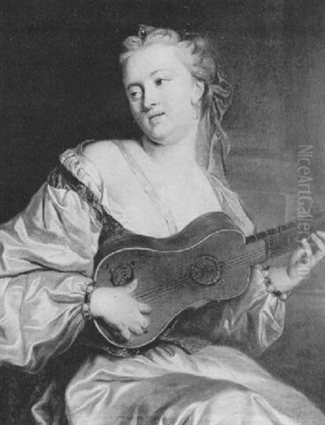 Woman Wearing A White Decollete Dress, Playing A Guitar Oil Painting by Jean Marc Nattier