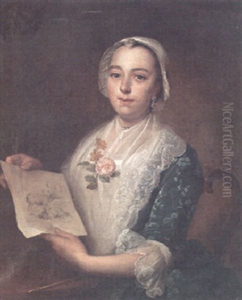 A Portrait Of A Lady Holding A Pencil Sketch Of Sheep Oil Painting by Jean Marc Nattier