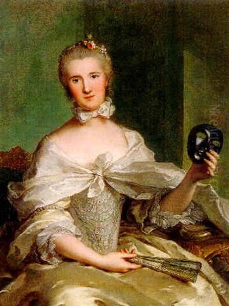 Portrait Of A Lady Holding A Mask (loup) And A Fan, (madame De Serent?) Oil Painting by Jean Marc Nattier