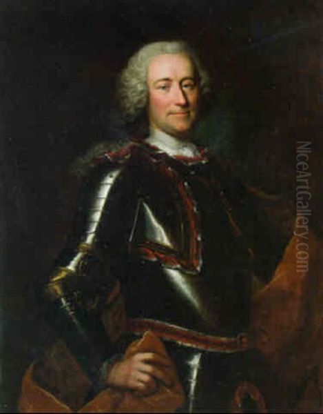 Portrait Of A Nobleman, Three-quarter-length, In Armour And An Orange Mantle Oil Painting by Jean Marc Nattier