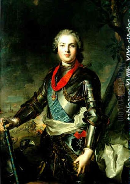 Portrait De Louis Dauphin De France 'peint En Cuirasse' Jusqu'aux Genoux, La Bataille De Fontenoy Faisant Le Fond Du Tableau Oil Painting by Jean Marc Nattier