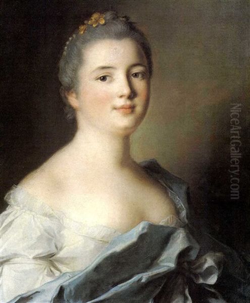 Portrait Of The Baroness De Fontettes, Bust Length,         Wearing A White Dress With A Blue Cloak, Pearls And Flowers Oil Painting by Jean Marc Nattier