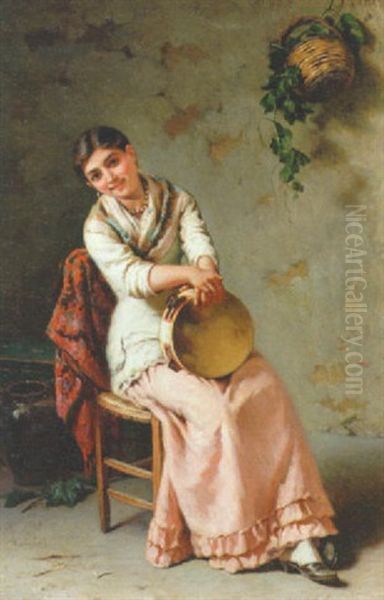 Siddende Italienerinde Med Tambourin Oil Painting by Girolamo Nattino