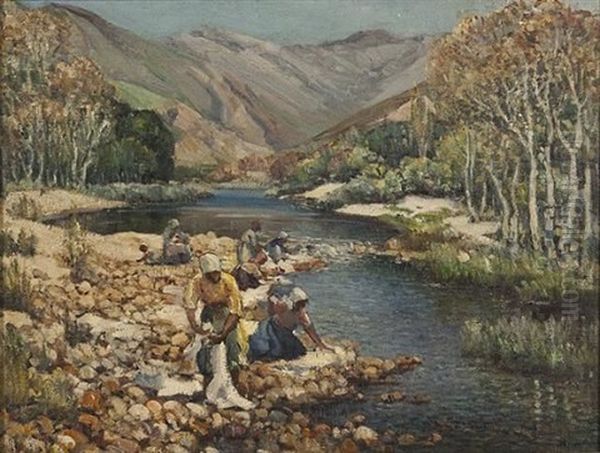 Washday Beside The Hex River Oil Painting by Pieter Hugo Naude