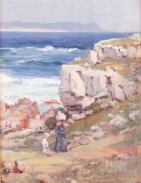 Figures With The Hermanus Coastline Beyond Oil Painting by Pieter Hugo Naude