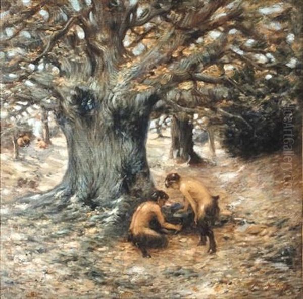 Satryrs In A Forest Oil Painting by Pieter Hugo Naude