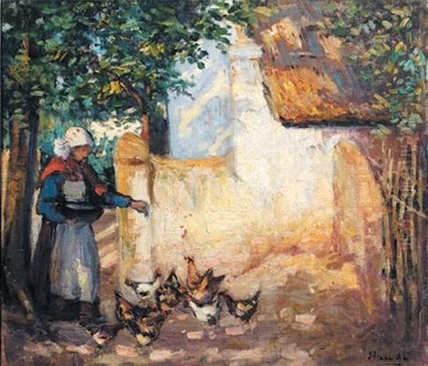 A Woman Feeding Chickens Oil Painting by Pieter Hugo Naude