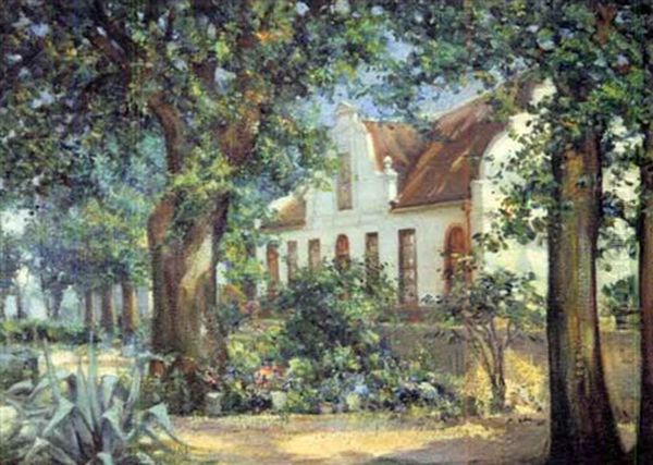 A Cape Dutch Farmhouse Amidst Trees Oil Painting by Pieter Hugo Naude