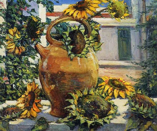 Still Life With Sunflowers In An Earthenware Jug Oil Painting by Pieter Hugo Naude