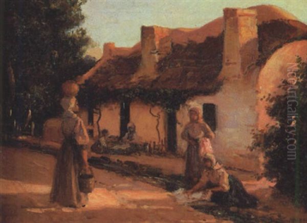 Figures Outside A Cottage Oil Painting by Pieter Hugo Naude