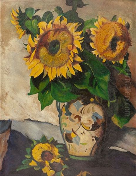 Sonnenblumen In Blauer Vase Mit Doppelhenkel Oil Painting by Heinrich Nauen