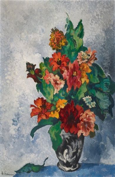 Zinnien In Schwarzweiser Vase Oil Painting by Heinrich Nauen